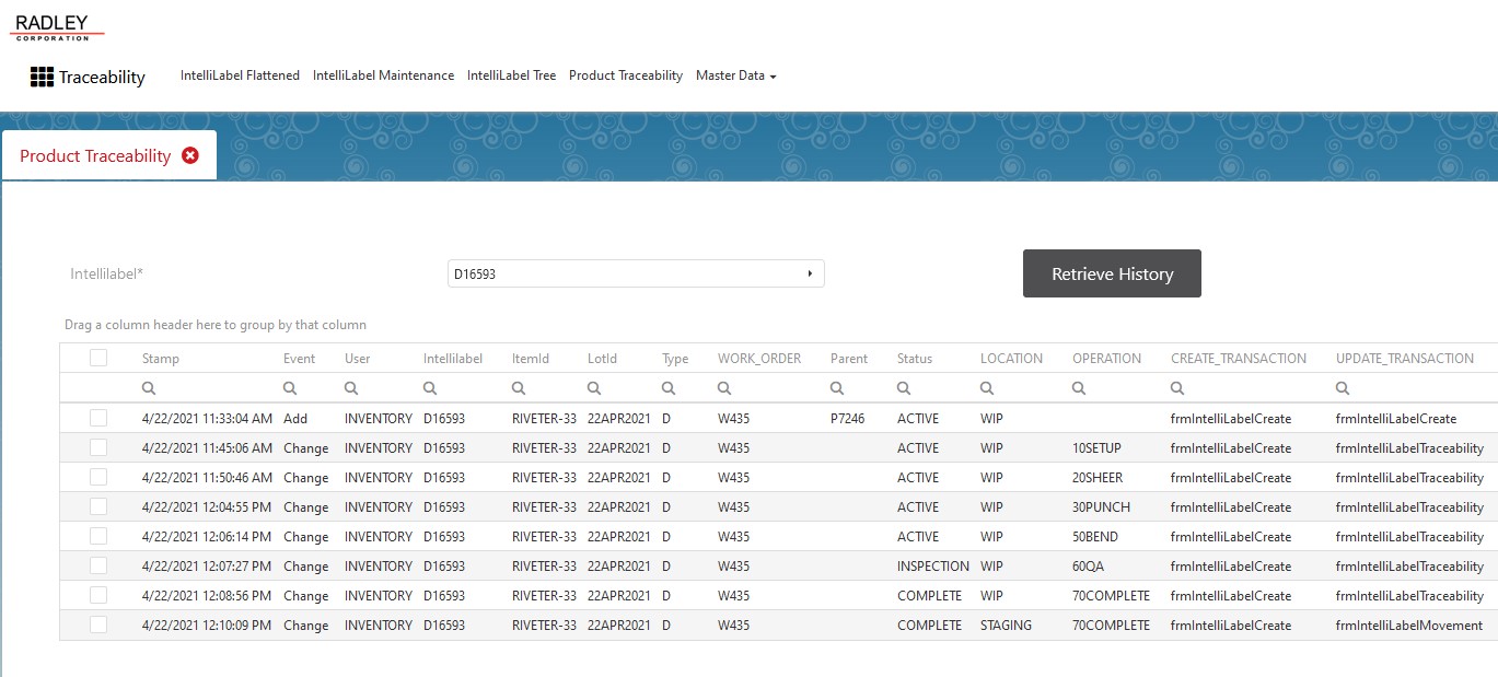 screenshot of Radley Traceability